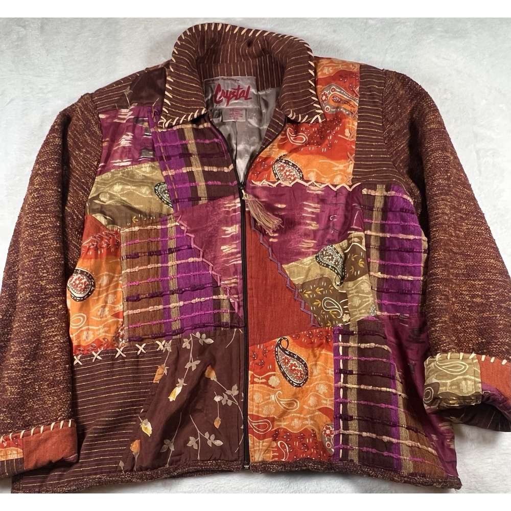 Vintage XL 90s Sharon Anthony‎ Created By Crystal Patchwork Zip Up Jacket Lined